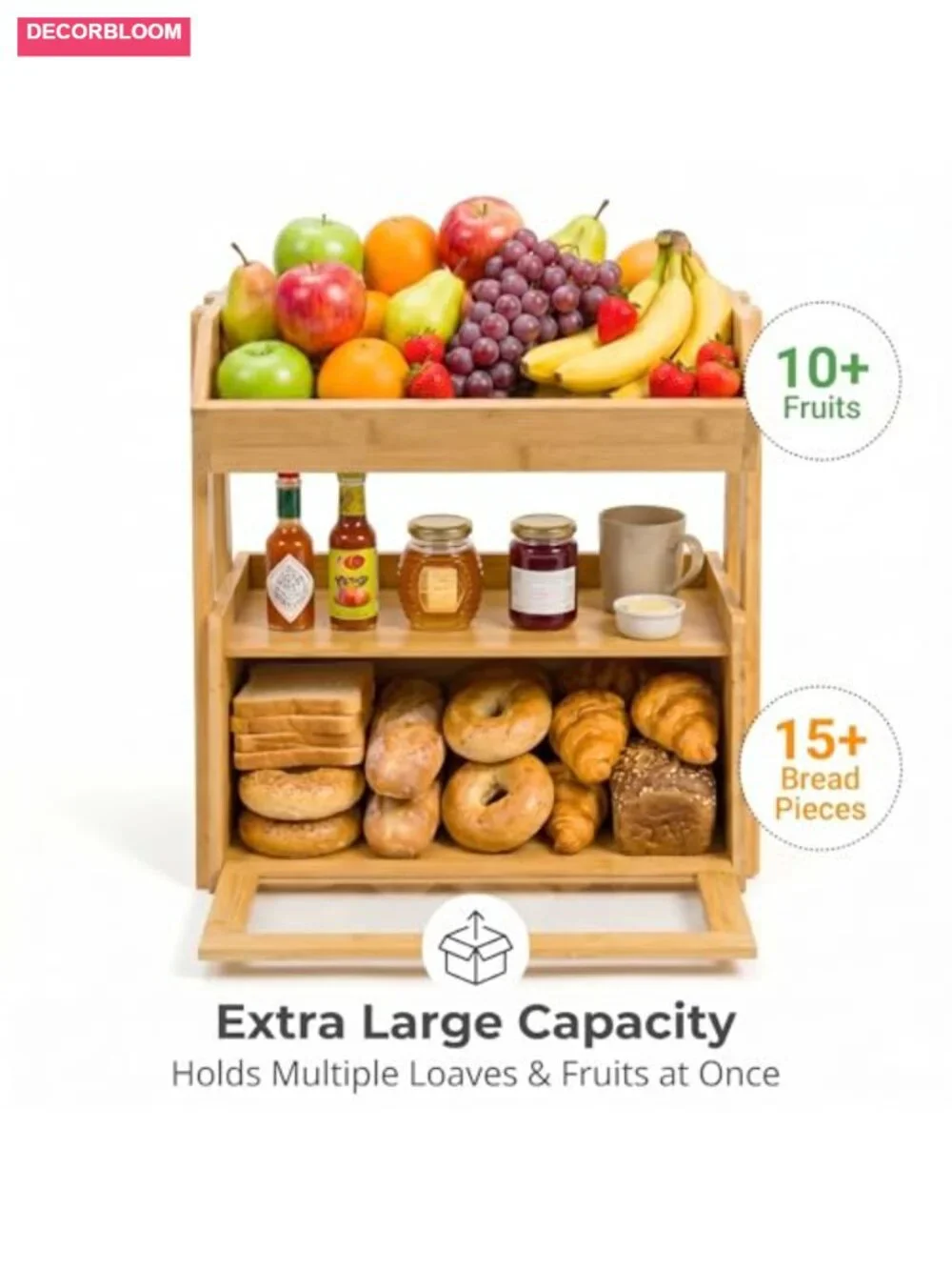 3-Tier Bamboo Bread Box with Fruit Basket for Kitchen Countertop Storage